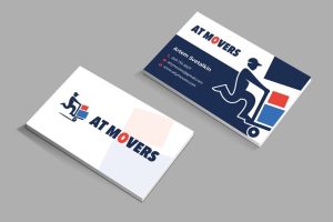 AT Movers business card design for a moving company featuring logo and contact information.