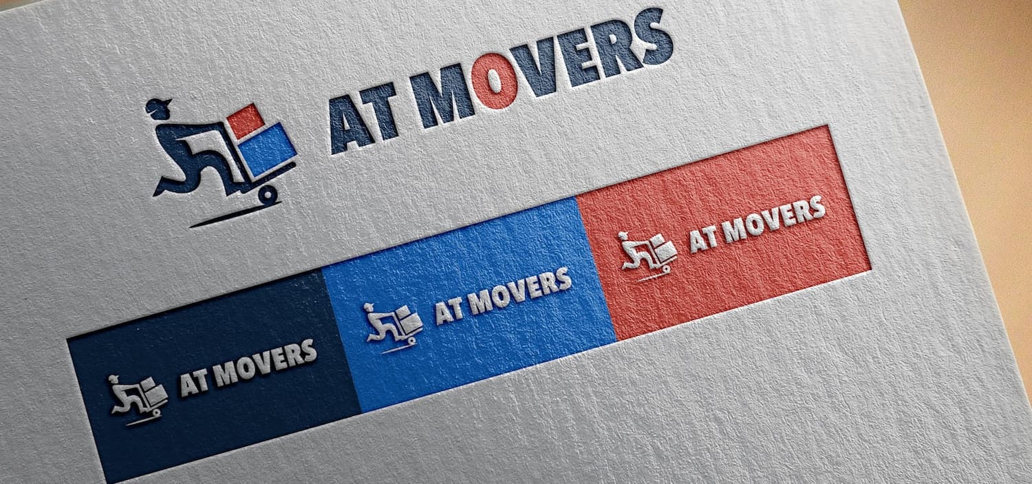 Logo of AT MOVERS featuring a stylized figure in motion pushing a dolly with a box, presented in three color variations: top logo with figure in blue on white background, middle with white figure on blue and red divided background, and bottom with embossed effect on red background.